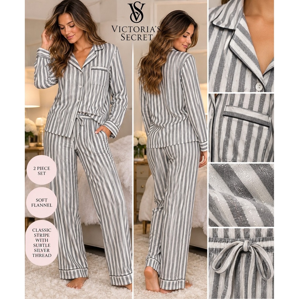 Victoria's Secret XS Flannel Pajama Set Gray White Stripe NWT Original Package